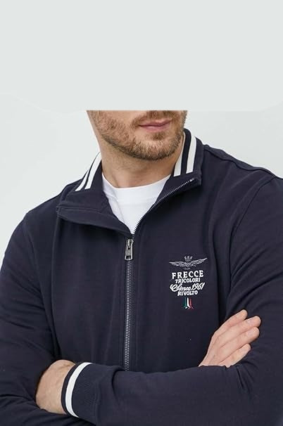 Aeronautica Militare Rundhals-Sweatshirt mit dreifarbigen Pfeilen, durchgehendem Reißverschluss und Stickerei, marineblau